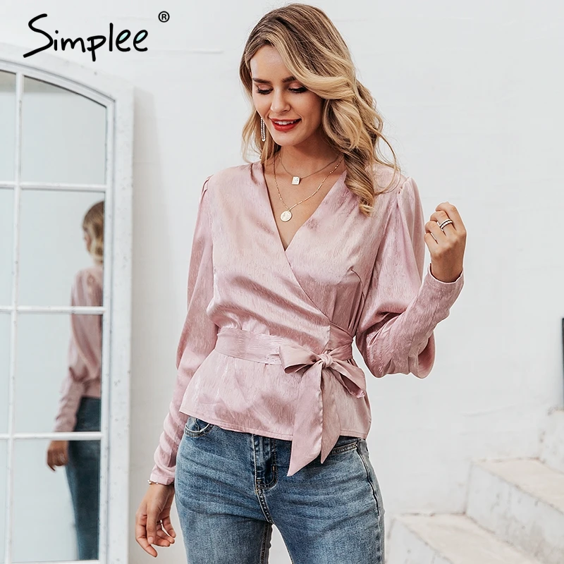 Simplee Sweet printed women blouse shirt Elegant v neck sash bow tie female tops Puff sleeve autumn winter ladies blouses 2019 | Женская