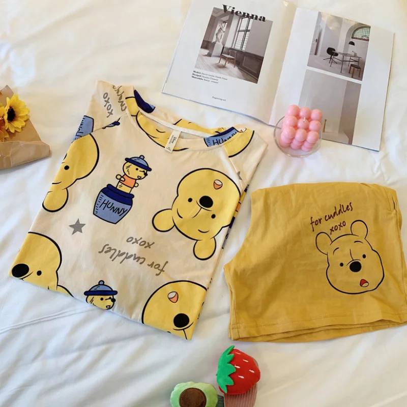 M-2XL Oversize Disney Anime Winnie the Pooh Kawaii Pjamas for Women Short Sleeve T Shirt and Shorts Casual Home Wear Shorts Sets