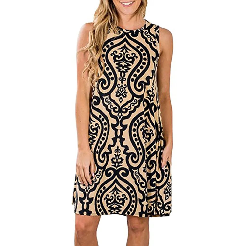 

2020 Summer New Women's Printed Casual Slim Fit Sleeveless Round Neck Pullover Printed Big Pendant Sexy Cute Dress