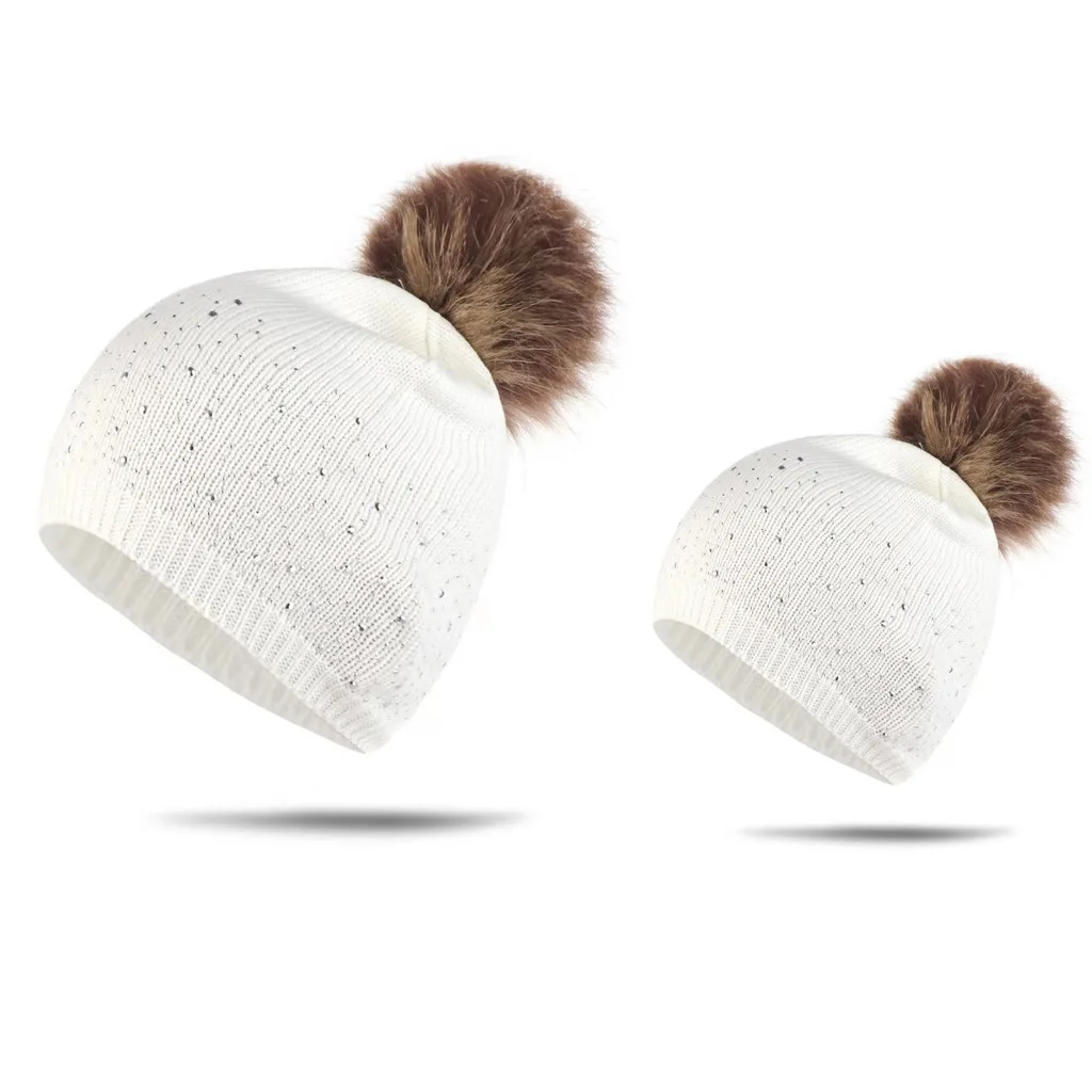 PPXX/детская зимняя шапка с меховым помпоном Семейные комплекты для мамы и дочки