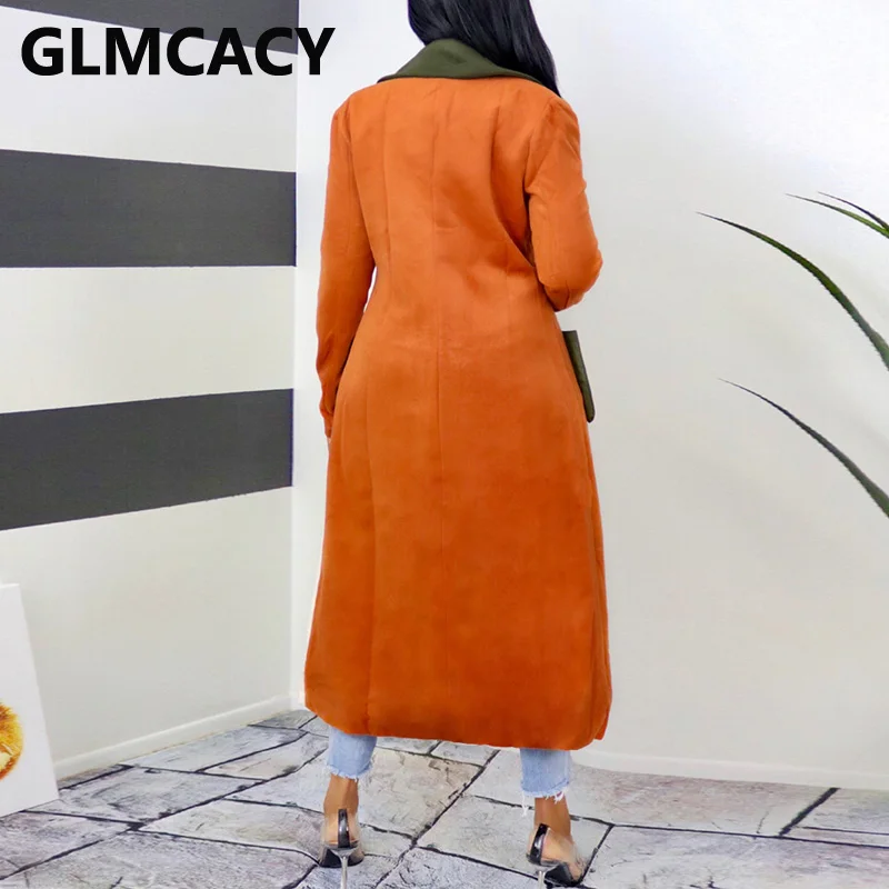 

Women Long Sleeve Notched Lapel Collar Belt Pockets Design Long Trench Coat