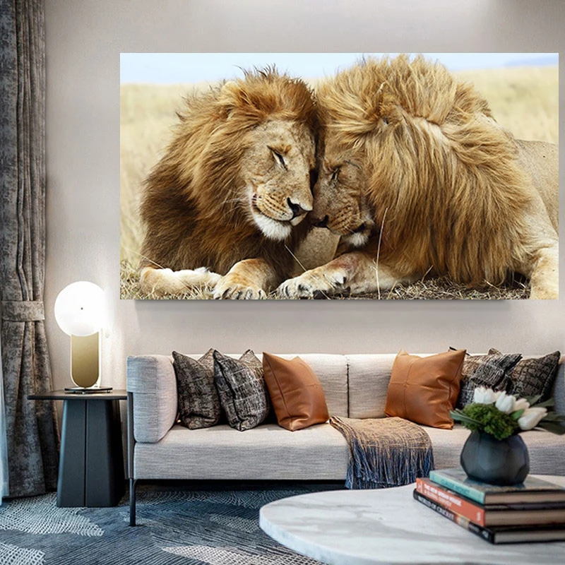 

Lions Head To Head Canvas Painting Meek Animals Posters and Prints Scandinavian Cuadros Wall Art Picture for Living Room Decor