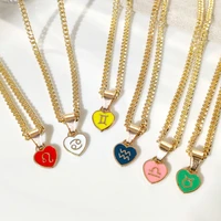 fashion 12 constellations zodiac sign pendant necklace for women colorful enamel heart golden metal chain necklaces new jewelry
