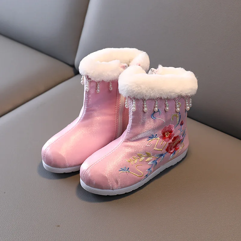 Ботинки с вышивкой для девочек осенне-зимние ботинки Hanfu детская Тканевая обувь