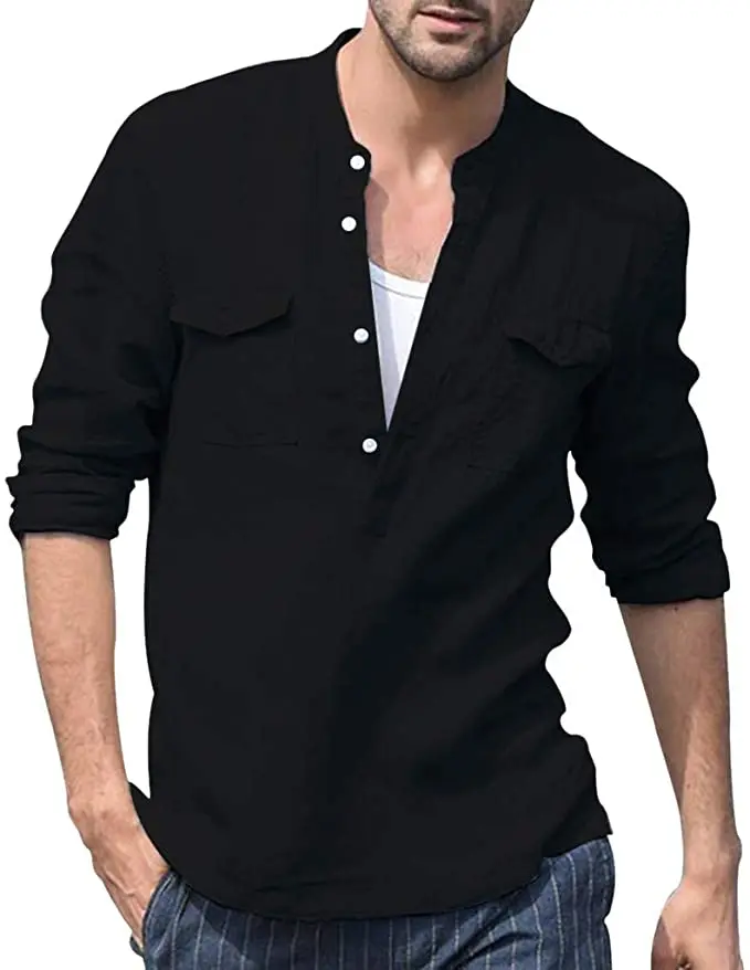 Мужская Повседневная рубашка с карманом свободная Однотонная из хлопка и льна