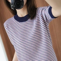 thin striped sweater women pullover short sleeve loose knitted tops sweaters korean style casual o neck woman clothes pull femme