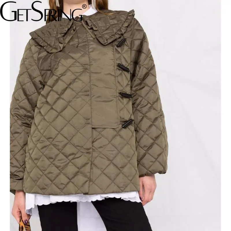 

GetSpring Women Parkas Fashion Warm Ladies Jackets Winter 2021 Double Breasted Ruffles Argyle Loose Long Female Coat All Match