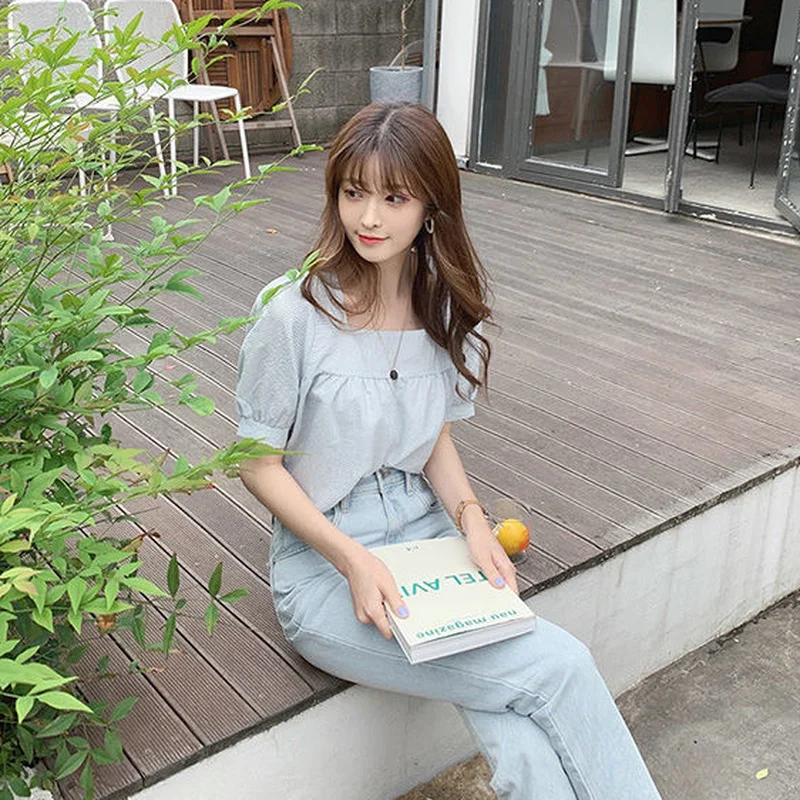 

Blouse Women Japanese Style Sweet Short Sleeve Square Collar Plaid Female Clothing Lovely Chic All-match Summer Folds Leisure