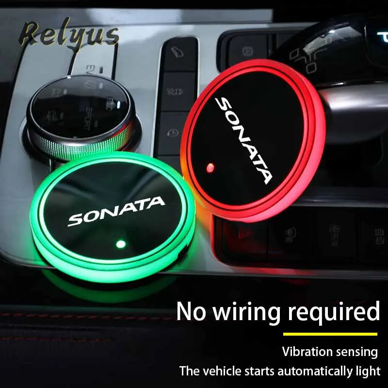 

2Pcs Car Logo Luminous Cup Mat Coaster Led Atmosphere Light Non-slip Mat For Hyundai Sonata I45 Car Accessories