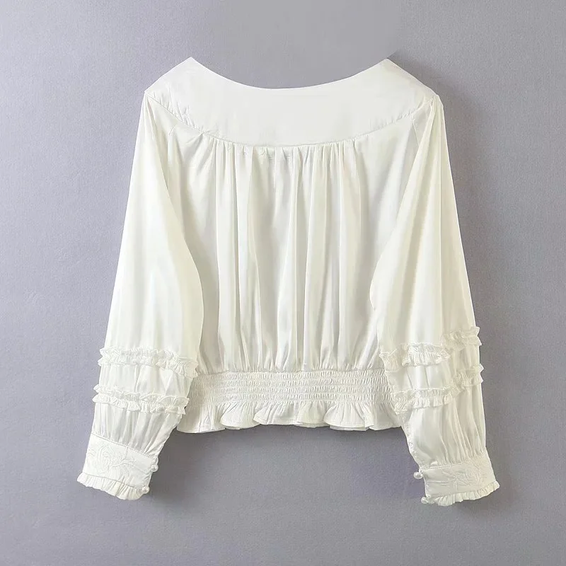 Блузка Женская атласная с цветочной вышивкой длинным рукавом-фонариком и