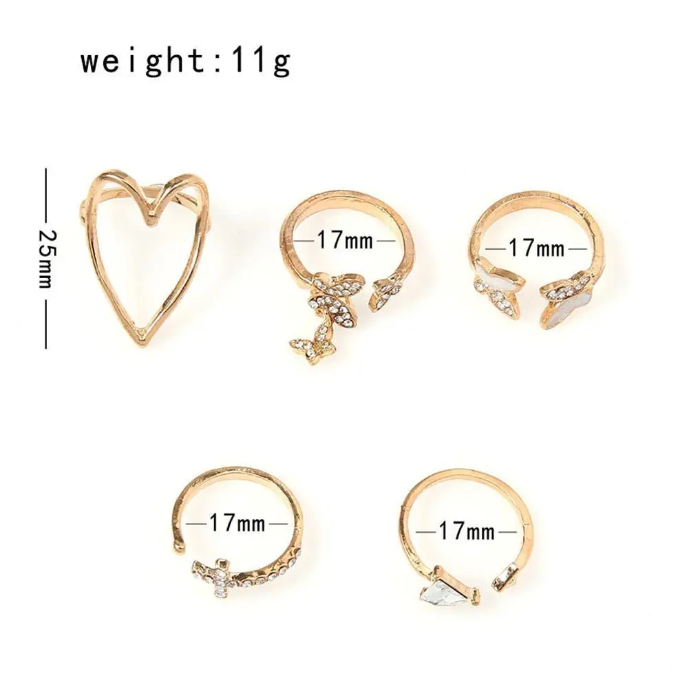 5pcs/set Of Cross Triangle Love Heart Hollow Crystal Drip Oil Butterfly Ring Joint Punk Gothic Rings For Women Jewelry | Украшения и