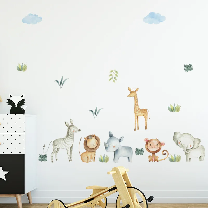 

Cartoon Animals Jungle Wall Stickers For Kids Room Baby Nursery Room Decoration Watercolor Safari PVC Wall Decals Living Room