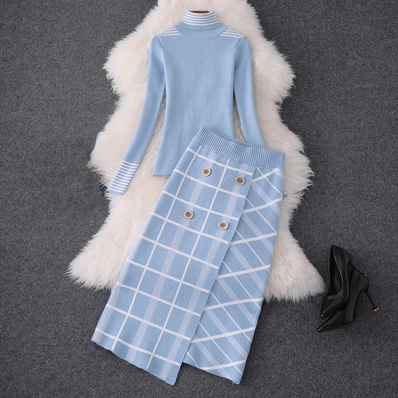 

Женский трикотажный комплект, свитер и юбка, Осень-зима 2019, костюм с юбкой в клетку