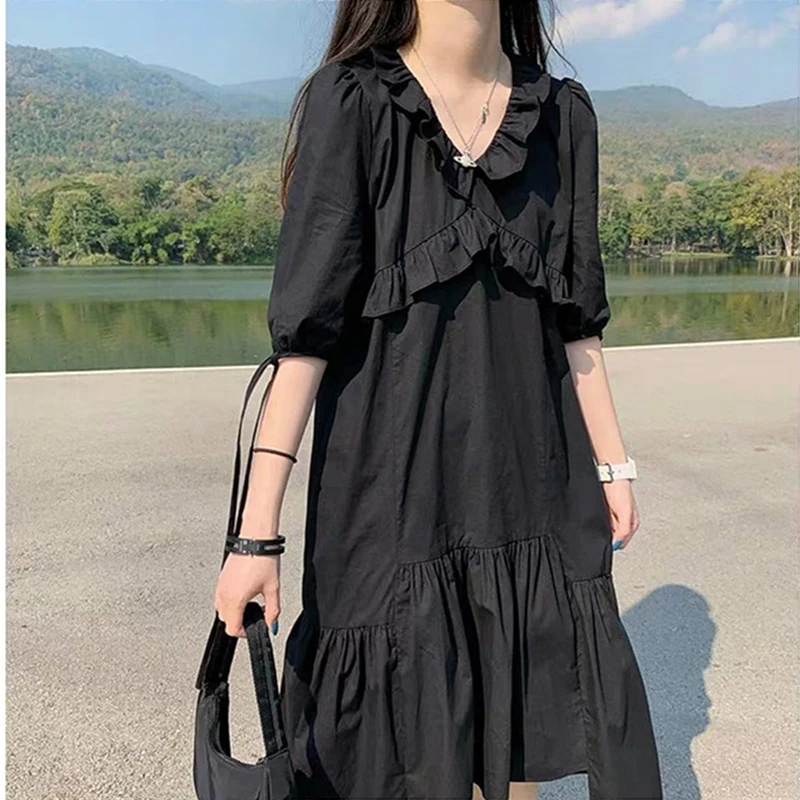 Женское платье трапеция с V образным вырезом и завышенной талией|Женские платья| |