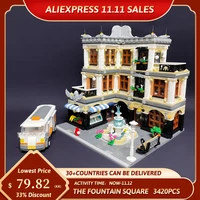 creative expert street view the fountain square 3420pcs moc modular houses building blocks bricks model toys queen bar 89113