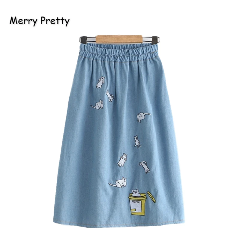 Merry Pretty джинсовые женские юбки Джинсовая с вышивкой кота из мультфильма Осенние эластичные мини юбки с талией Женская джинсовая юбка для девочек