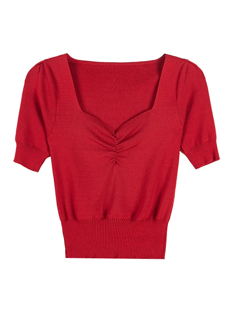 

V-neck Ice Silk Inner Knitted Bottoming Shirt Summer Korean Sleeve T-shirt Sexy Short Chic Hong Kong Style Tight Top