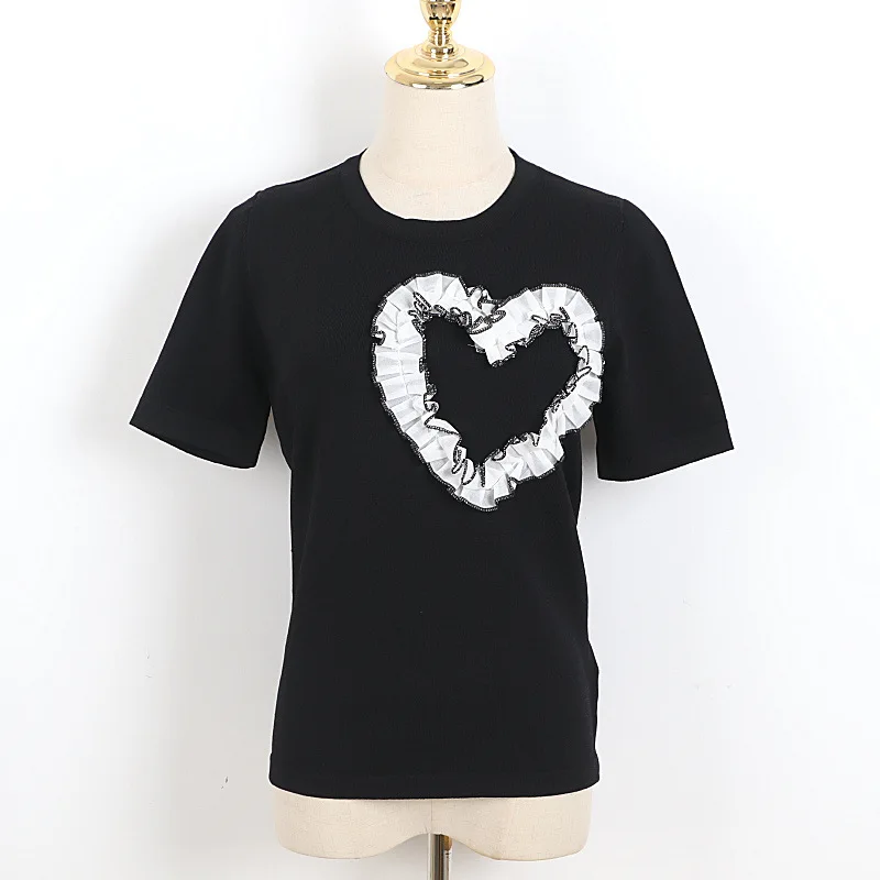 

2021 new women's short sleeve T-shirt European and American fashion stereo love lace knitting coat of cultivate one's morality