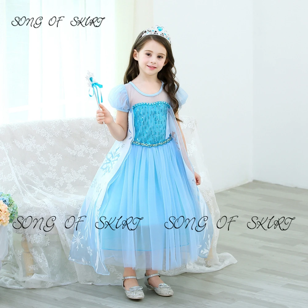

Ankle-Length Short Sleeve Blue Wedding Flower Girl Dresses O-neck Tulle Illusion Skirt Daughter Princess Communion Gown