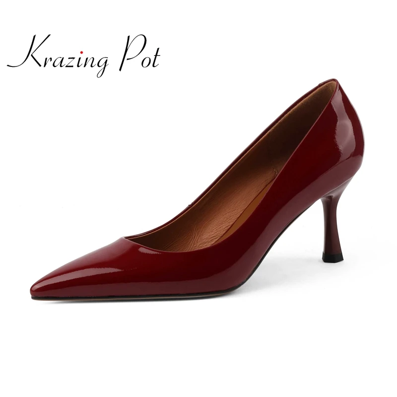 

Krazing Pot cow patent leather pointed toe thin high heels European style mature young lady dress shallow solid women pumps L13