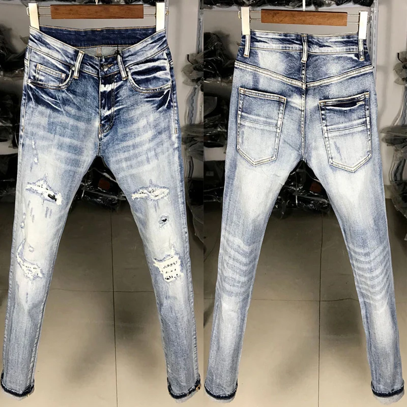 

Уличный стиль модные мужские джинсы Ретро светло-голубые эластичные облегающие рваные джинсы мужские нашивки дизайнерские джинсы в стиле ...