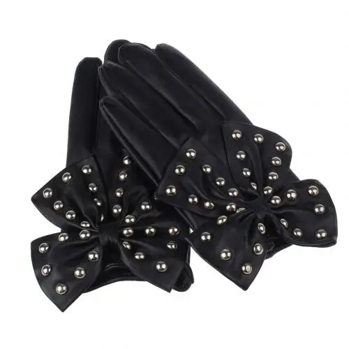 Black with Rivet Мотоциклетные женские заклепки лук сплошной цвет Искусственные кожаные перчатки полный митенки для пальцев - Цвет: Black with Rivet