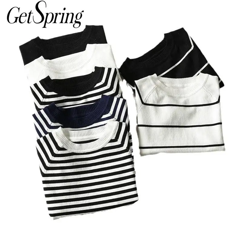 GetSpring Women Sweater Short Sleeve Striped Knitted Pullover 2019 Sweaters O-Neck Tops Korean All Match Bottoming Autumn | Женская