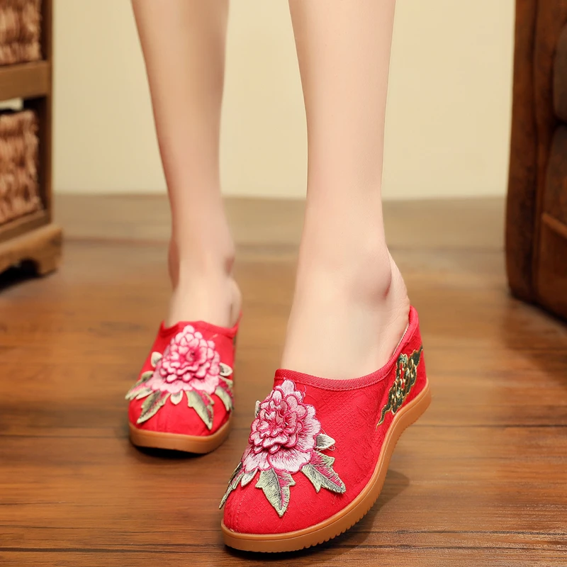 

National Style 6cm Heels Slippers Ladies Shoes Wedge Slides Flower Sandals Women Slipper Mules Femme Oxford Canvas Slippers