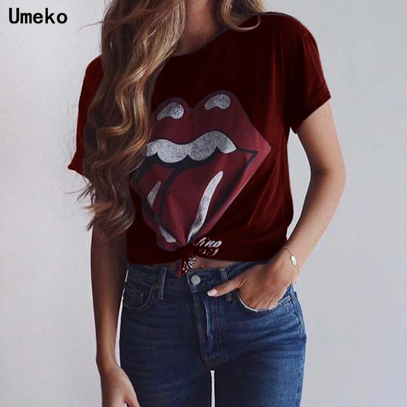 Женская футболка с коротким рукавом Umeko повседневная черная принтом губ языка