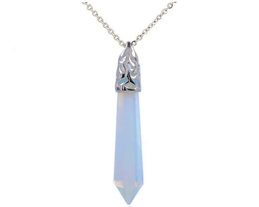 

FYJS Unique Silver Plated Hexagon Prism Opalite Opal Pendant Link Chain Necklace for Christmas Gift