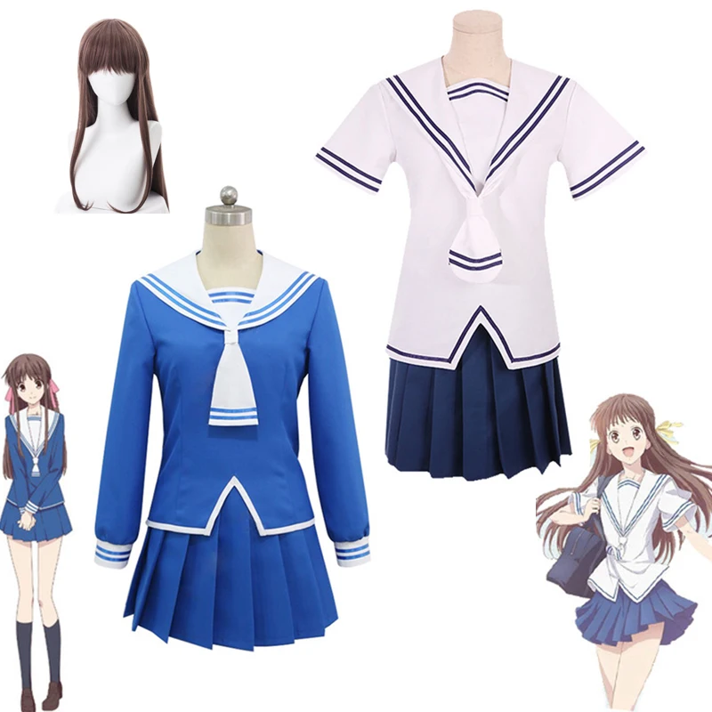 

Костюм для косплея из аниме «Фруктовая корзина», костюм Тору для девочек с фруктами, белый и синий матросский костюм, галстук и парик, карнав...