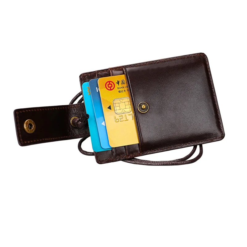 Genuine Leather ID Card Holder with Lanyard RFID Blocking Card Cover for Chest Card Hangtag Work Pass Student Bank Cards Pouch