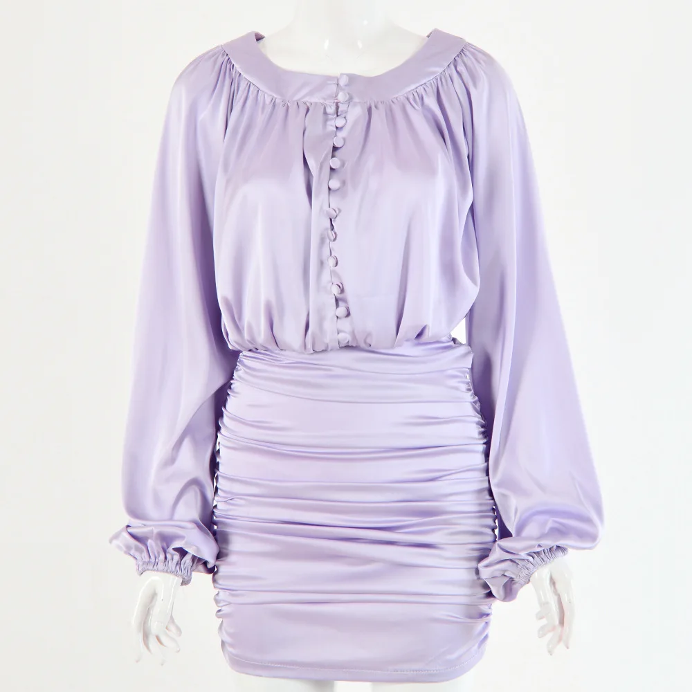 

Solid Color Satin Dress Women Deep V Neck Pleated Lantern Sleeve Bodycon Button Mini Dress Vintage Party Club Wrap Dress Summer