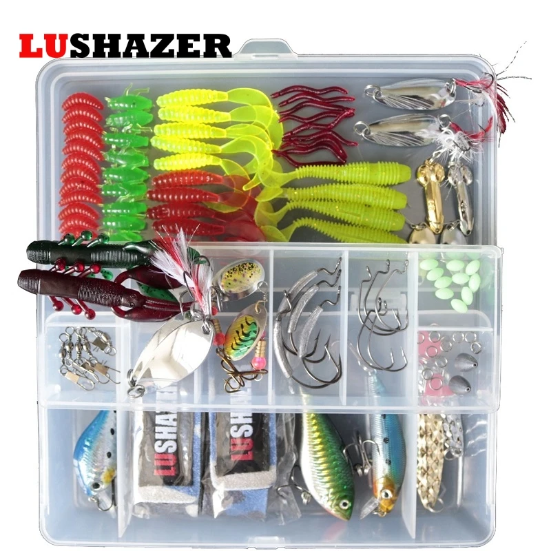 

105pcs/lot LUSHAZER Fishing Lure Soft Bait DD Spoon Spinner Baits Jig Hooks Hard Lures Swivel with box