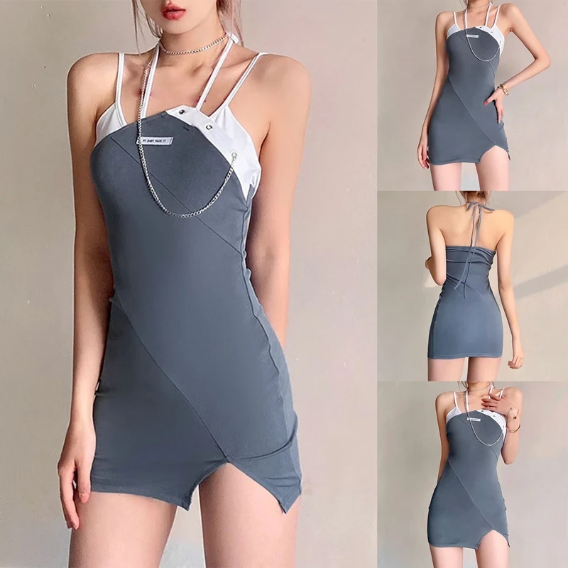 

New Women's Solid Color Halter Slim Wrapped Arm Sling Sling Dress Foggy Blue