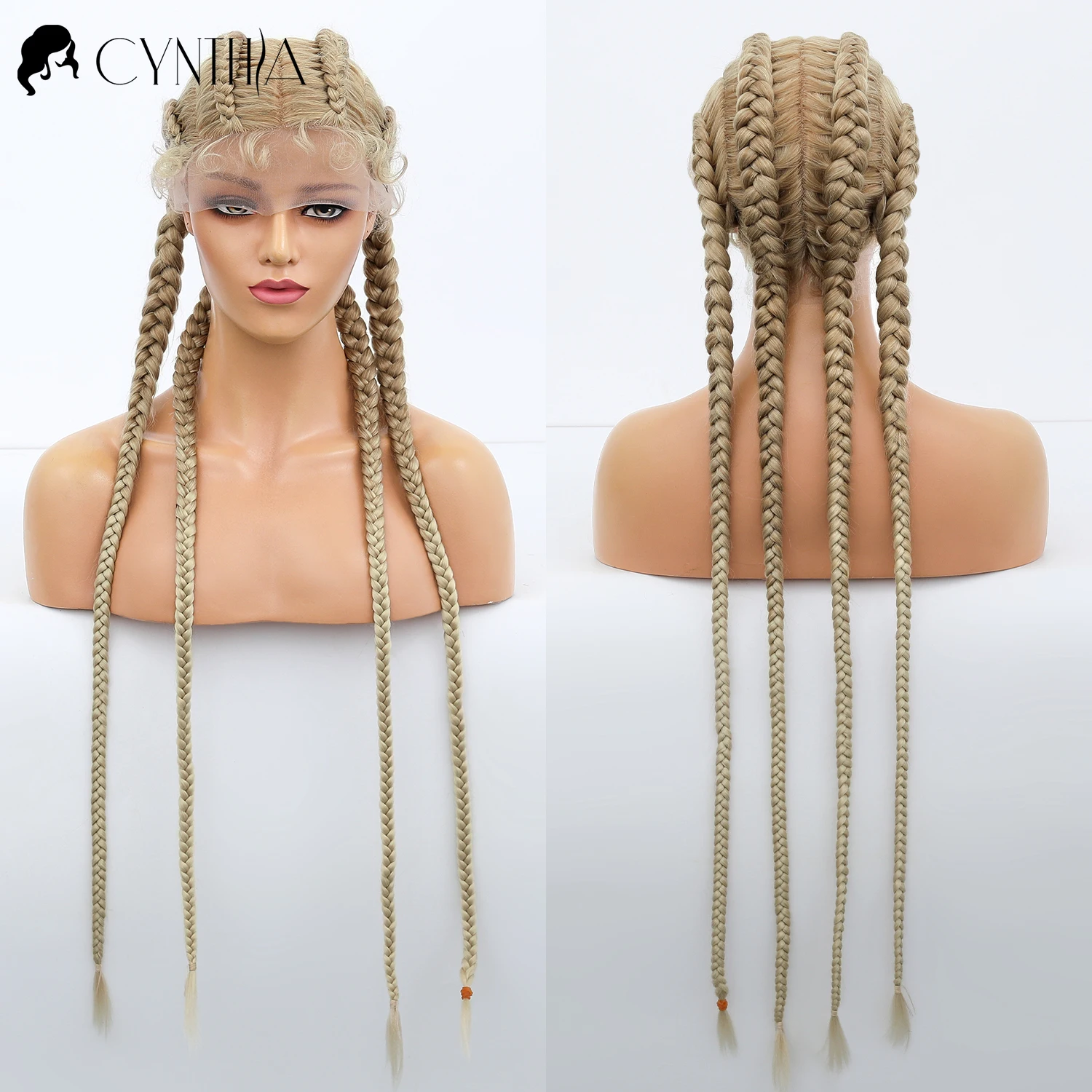 

Новый Плетеный парик на сетке спереди, синтетические парики для светлых женщин, 36 дюймов, 4 длинных косички, парик с детскими волосами, 360 пар...