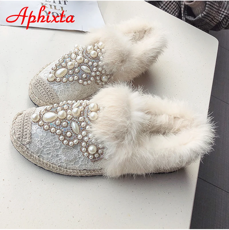 Aphixta зимние теплые тапочки с натуральным мехом; женская обувь на шнуровке с жемчугом и кристаллами; шикарная плюшевая женская обувь с натуральным кроличьим мехом