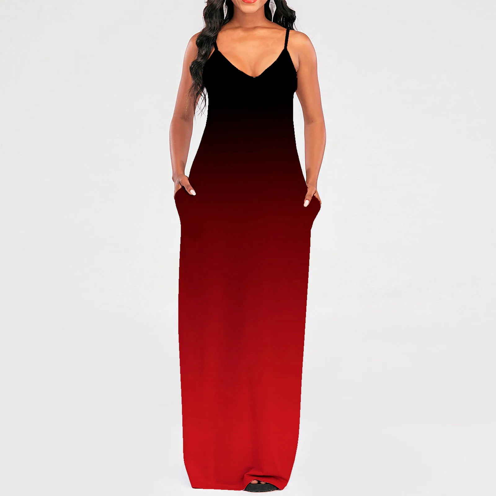 

Gradient Print Long Dress Women Summer Bohemian Tie Dye Sleeveless Loose Maxi Dresses With Pockets Plus Size Beach Sundress Robe