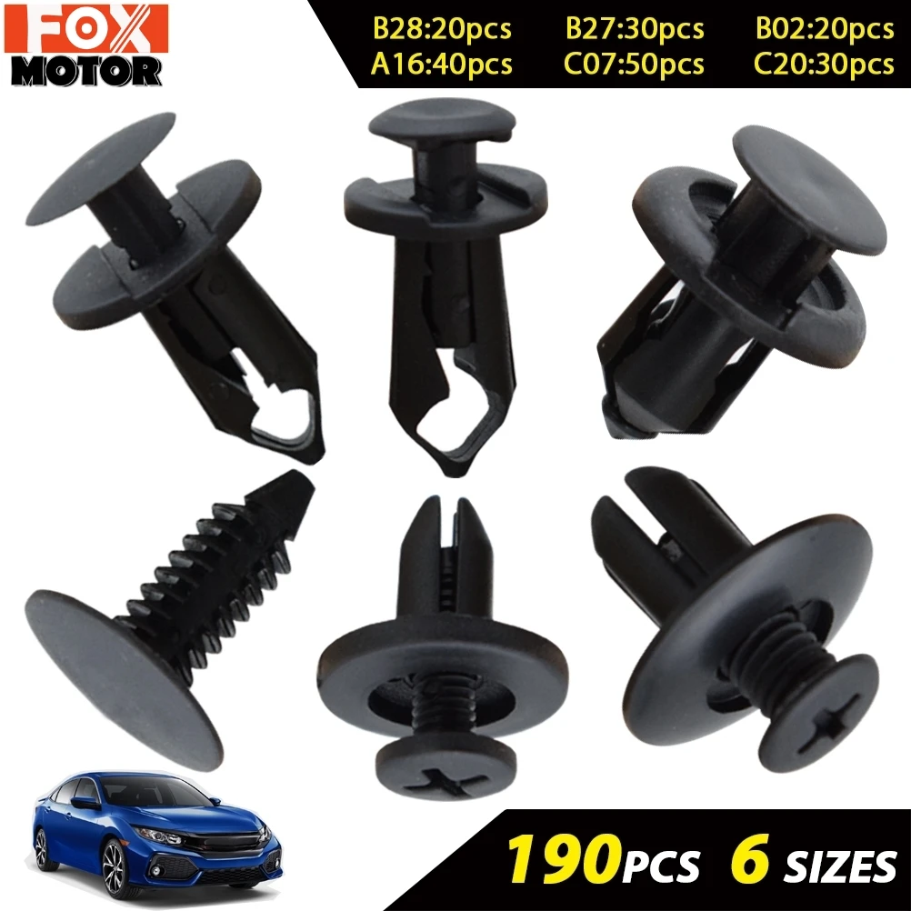 

190PCS Universal Auto Fastener Clips Plastic Rivets 6 Sizes Car Push Pin Rivet Trim Clip Bumper Fender Door Panel Retainer Kit