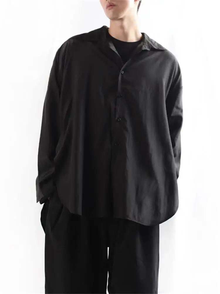 Men'S Long-Sleeve Shirt Spring And Autumn New Lapel Loose Cut Side Slit Design Fashion Casual Large Size Shirt