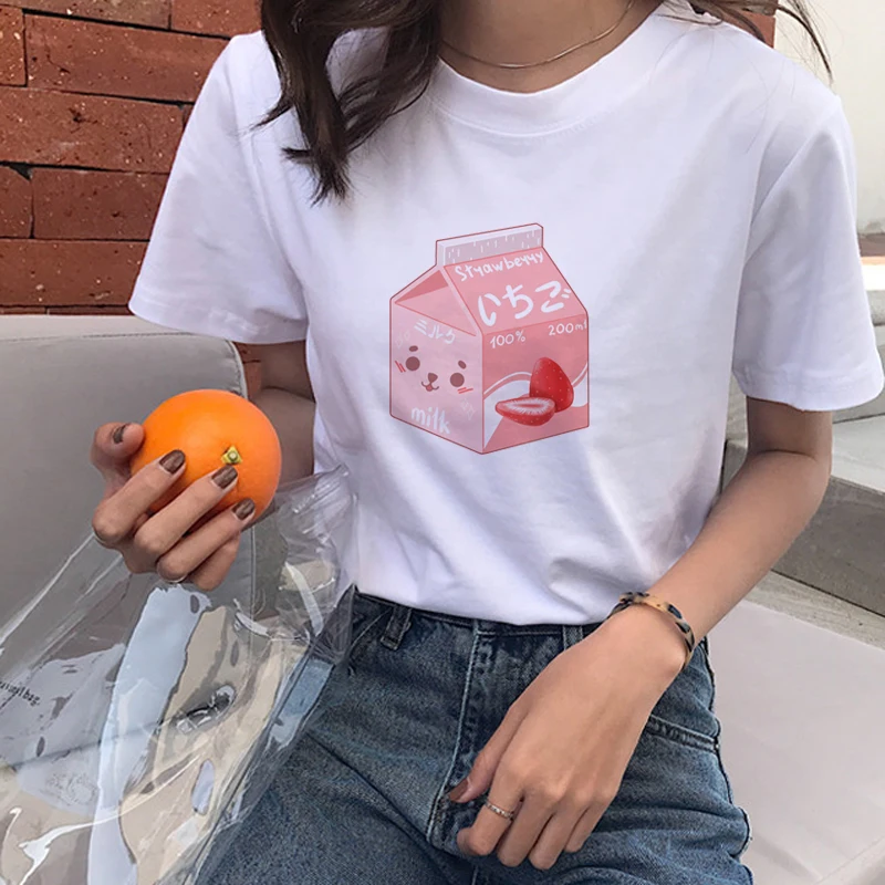 Новая футболка Harajuku для девочек Ullzang Milk Детская графическая женская с мультяшным