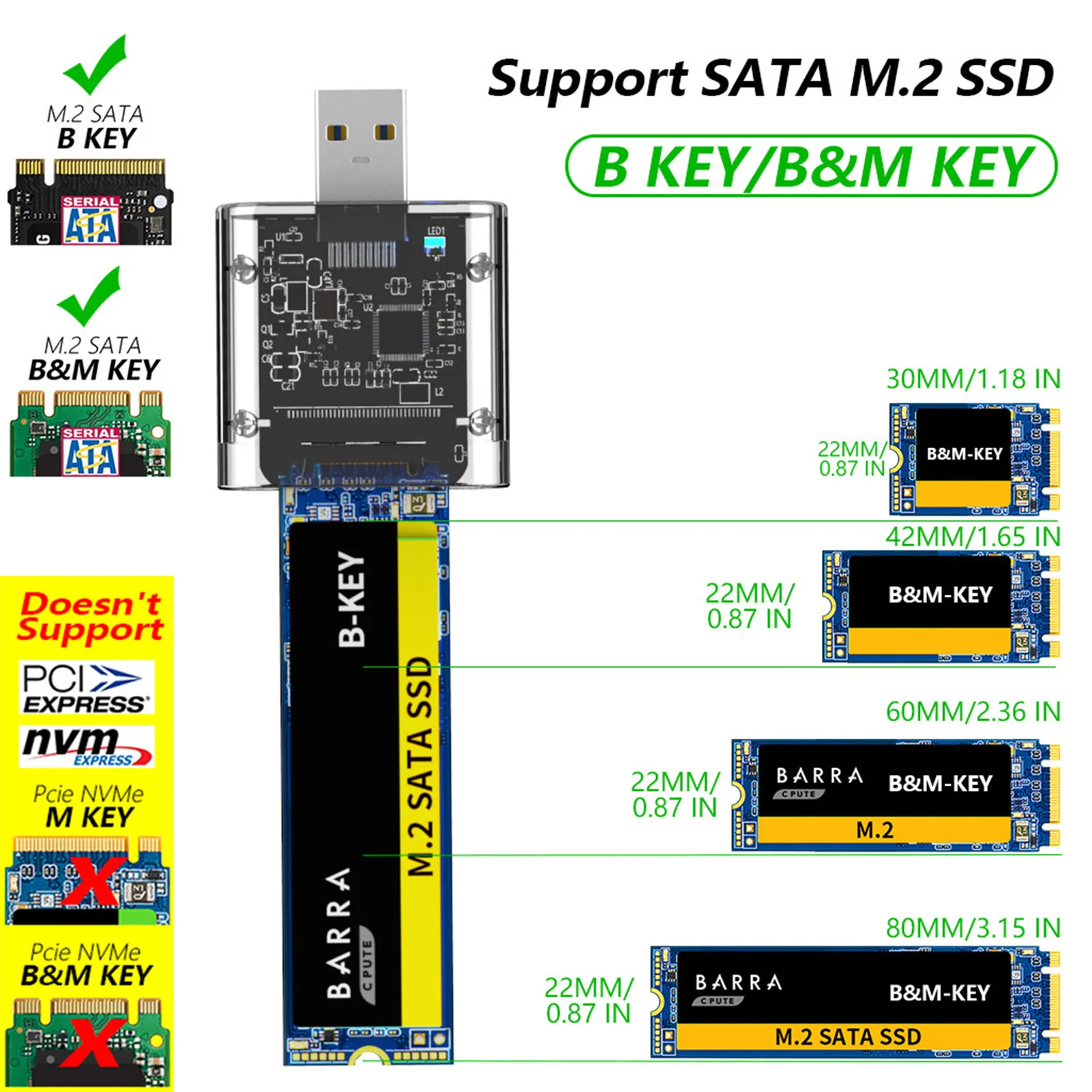 Чехол для M2 SSD SATA шасси M.2 на USB 3 0 адаптер PCIE NGFF M / B Key коробка SSD-диска 2230/2242/2260/2280 мм |