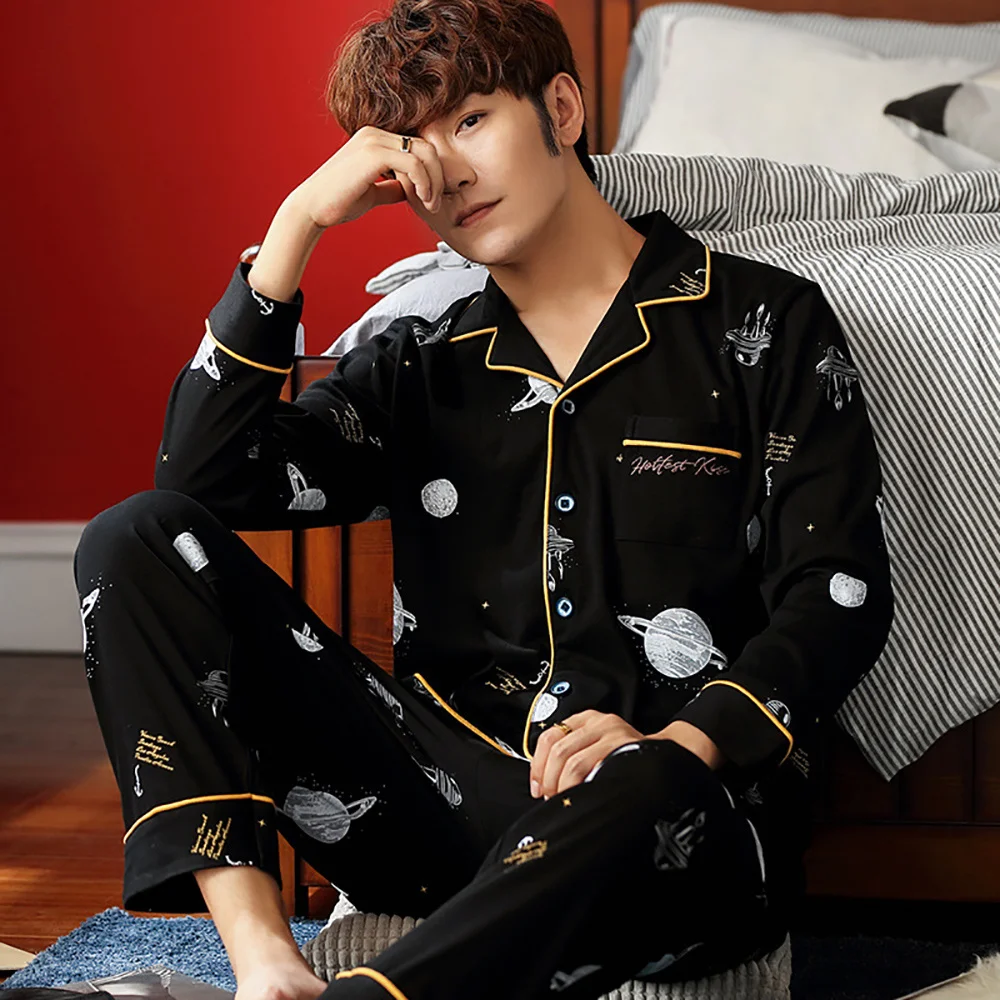 

Spring Autumn Pajama Sets Suit Knitted Cotton Casual Long Sleeve Sleepwear Plaid Home Wear Plus Size Comfortable Pajamas For Men