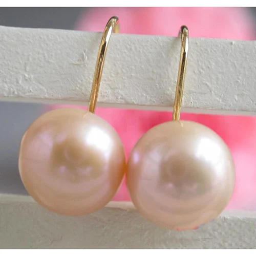 

New Arrival Favorite Pearl Jewelry AAA 12mm Pink Oblate Round Freshwater Pearl 14k/20 Drop Dangle Earring Perfect Lady Gift