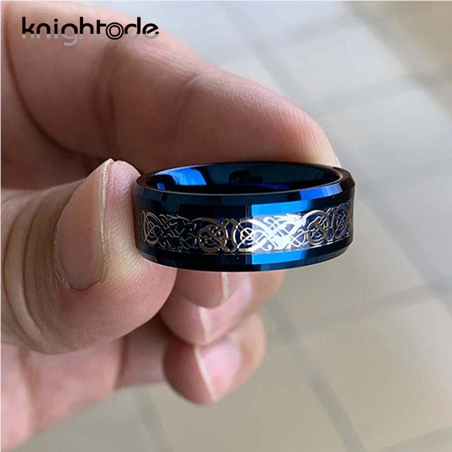 Обручальное кольцо из голубого карбида вольфрама 8 мм с серебристым