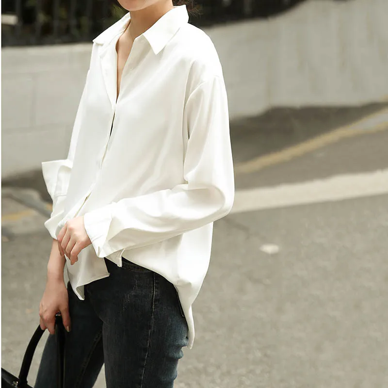 Satin shirt female 2019 early autumn new Korean version of the retro Hong Kong flavor |