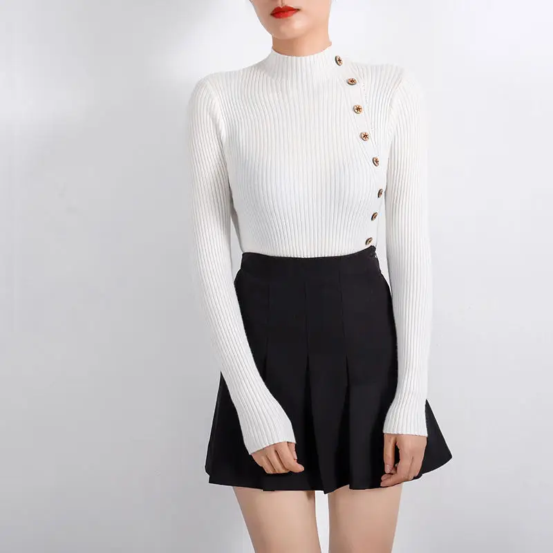 Autumn O-neck Sexy Slim Sweater Botton Desgin Knitted Pullover Women Casual Vintage Sweater Colthing Female Knit Tops