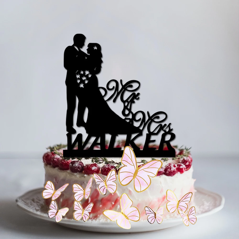 

Custom Your Last Name Wedding Cake Topper, Bride&Groom Pattern, Personalized Romantic Ornament For Wedding&Anniversary