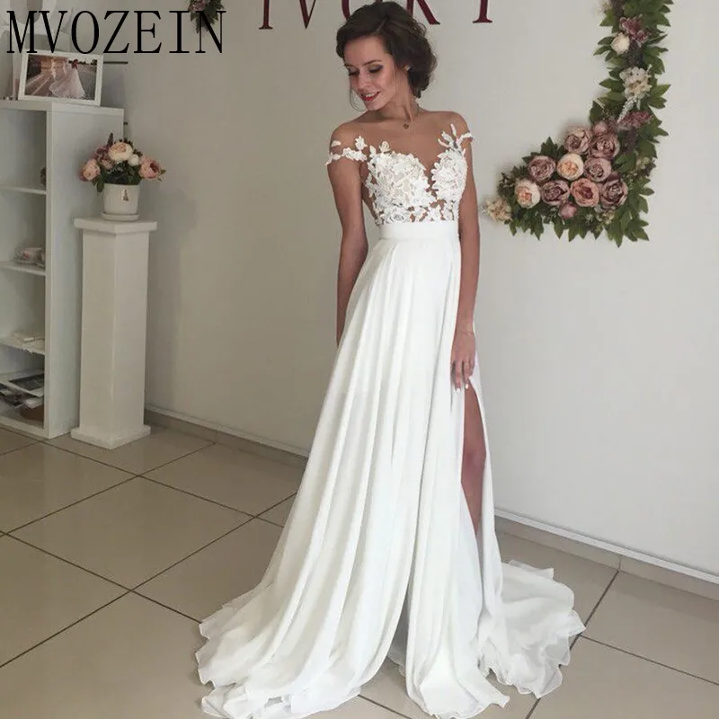 Boho White Wedding Dresses Chiffon A-Line Cap Sleeves Lace Bridal Gowns High Split Dress vestido de noiva | Свадьбы и торжества