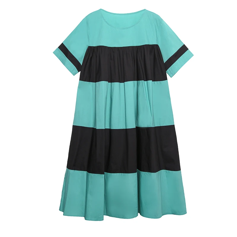 

XUXI 2021 Summer New Dress Women Loose Drape Large A-line Contrast Striped Temperament Over The Knee Skirt E1370